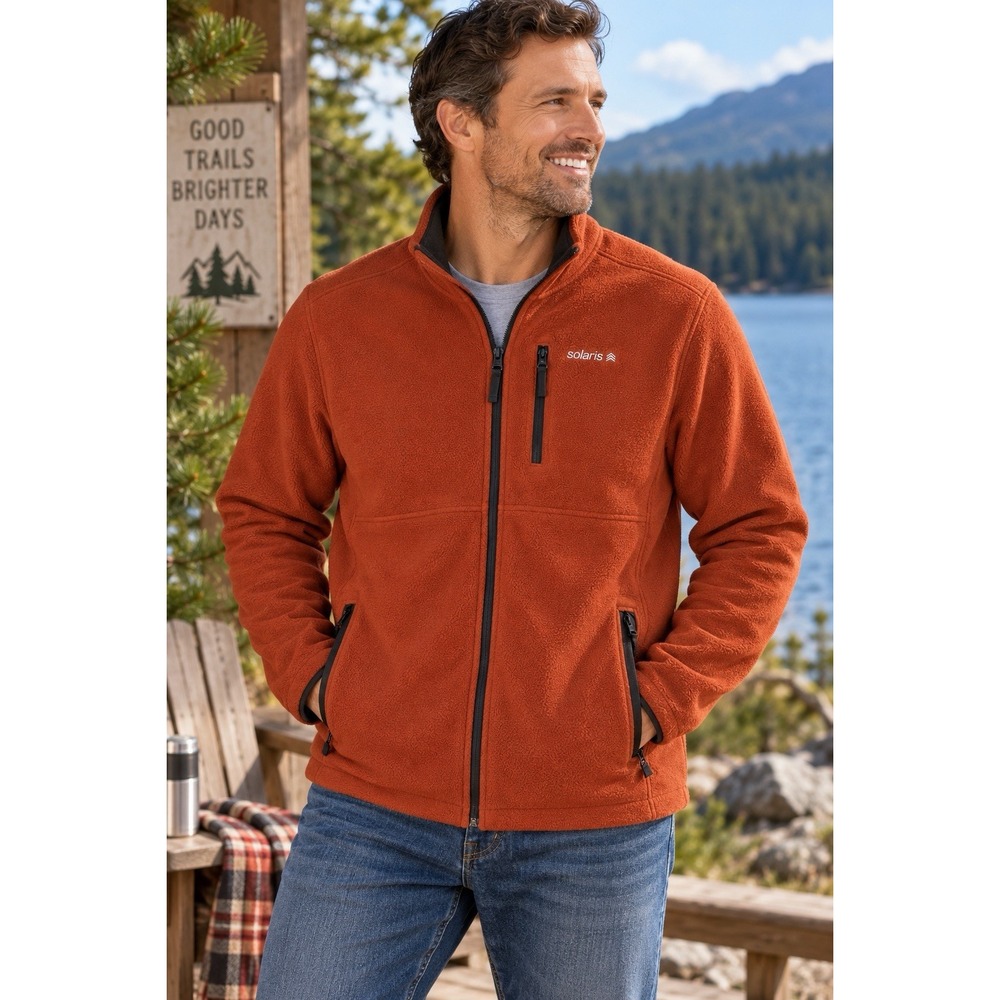 Solaris Men's XL Rust Orange Fleece Jacket Full Zip Outdoor Hiking Zip Pockets